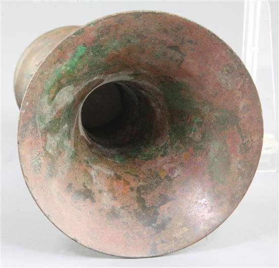 A Chinese archaic bronze ritual wine vessel, Gu, late Shang dynasty, 12th-11th century B.C., probably Anyang, 21.5cm high